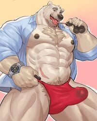 2025 abs adios anthro artie_(adios) asian_clothing bear body_hair chest_hair clock clothing colored east_asian_clothing erection erection_under_clothing food fundoshi hi_res japanese_clothing male male_only mammal muscular muscular_male navel nipples pocky polar_bear red_clothing red_fundoshi red_underwear simple_background solo tenting tongue tongue_out underwear ursine watch wristwatch