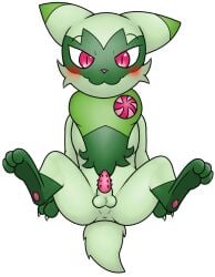 alpha_channel anus blush digital_media_(artwork) domestic_cat erection felid feline felis floragato front_view generation_9_pokemon genitals green_body looking_at_viewer lying male mammal nintendo nude on_back penis pokemon pokemon_(species) presenting short_stack smile solo spread_legs spreading xenomir
