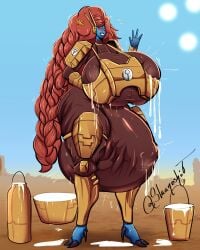 alien_girl blue_skin bulge futanari gigantic_breasts lactation slaaneshit tau warhammer_40k
