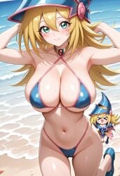 1girls ai_generated armpits arms arms_up bare_shoulders beach belly bikini blonde_hair blue_bikini blue_hat blue_shoes blue_sky blush blush_stickers breasts brooch cameltoe chibi cleavage collared_bikini dark_magician_girl dark_type day eyebrows eyelashes female female_focus gold gold_brooch green_eyes hat highres huge_breasts konami legs light-skinned_female light_skin lips long_arms long_eyelashes long_hair long_legs luka45 magic_user magical_girl magician magician_hat monster_girl navel nose ocean one_arm_behind_head pink_brooch pink_lips pink_trim pose rose_gold sand shiny shiny_bikini shiny_breasts shiny_clothes shiny_hair shiny_skin shiny_thighs shoes shonen_jump sideboob sky smile spellcaster spellcaster_type sweat thick_eyelashes thick_thighs thighs underboob very_long_hair water wet wide_hips witch witch_hat yu-gi-oh! yu-gi-oh!_duel_monsters