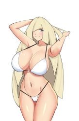 1girls big_breasts bikini bikini_bottom bikini_top black_eyes blonde_hair bottomwear breasts classy classy_female cleavage cougar cougar_milf female female_only game_freak hair hair_over_one_eye hands_behind_head hips huge_breasts long_hair lusamine_(pokemon) mangakay84 master mature mature_female mature_woman milf mother pokemon pokemon_sm smile solo solo_female swimwear thighs topwear white_bikini