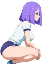 ai_generated at background breasts clothed clothes clothing duolingo emo female fingernails focus fully girl gym hair hips human light light-skinned lily_(duolingo) looking medium only purple skin slim small smartphone solo sports sportswear squatting teasing thin uniform viewer waist white wide workout