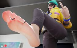 1girls 3d feet female female_only foot_fetish foot_focus glasses killjoy_(valorant) middle_finger painted_nails painted_toenails pants soles tagme toe_ring valorant yellow_jacket