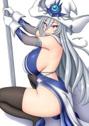 1girls 2024 armwear big_breasts breasts brown_thighhighs crouching dress duel_monster eyelashes female female_only gloves konami long_hair looking_at_viewer purple_eyes silent_magician silver_hair smiling smiling_at_viewer solo somegu thick_thighs thighhighs white_background white_hair witch_hat yu-gi-oh!