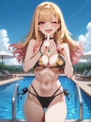 ;d ai_generated bangs bare_shoulders beach_umbrella bead_bracelet beads bikini black_bikini black_choker blonde_hair blue_sky blush bracelet breasts brokewyt choker cleavage cloud collarbone colored_tips cowboy_shot day ear_piercing earrings fake_nails female finger_to_mouth floral_print gradient_hair index_finger_raised jewelry kitagawa_marin large_breasts long_hair looking_at_viewer multi-strapped_bikini multicolored_hair navel necklace one_eye_closed open_mouth outdoors piercing pink_nails pool pool_ladder poolside print_bikini red_eyes side-tie_bikini_bottom skindentation sky smile solo sono_bisque_doll_wa_koi_wo_suru stomach string_bikini swimsuit teeth thigh_gap thighs umbrella uncensored water