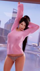 1girls 3d 3d_(artwork) 3d_model 3d_render animal_print_clothing asian asian_female big_breasts black_hair closed_eyes dead_or_alive hairband highres hourglass_figure long_hair momiji_(ninja_gaiden) morning ninja_gaiden nipple_bulge nipples_visible_through_clothing panties ponytail runevv standing stretching