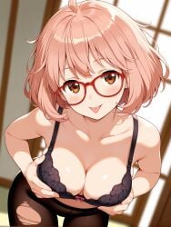 :p ahoge ai_generated bangs bare_arms bare_shoulders black_bra black_clothes black_legwear black_pantyhose black_underwear blush bob_cut bow bra breasts brown_eyes clavicle cleavage clothing eyewear female female female_only glasses indoors kuriyama_mirai kyoukai_no_kanata large_breasts leaning_forward legwear lingerie looking_at_viewer milfhunter228 navel pantsu pantyhose pink_hair red-framed_eyewear short_hair smile solo thigh_gap thighs tongue tongue_out torn_clothes torn_legwear torn_pantyhose underwear underwear_only