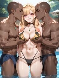 2boys ai_generated ass_visible_through_thighs bangs bikini black_bikini black_choker blonde_hair breast_grab breasts brokewyt choker cleavage dark-skinned_male dark_skin ear_piercing earrings female floral_print grabbing grin jewelry kitagawa_marin large_breasts long_hair multiple_boys muscular muscular_male navel necklace netorare nipples outdoors piercing pool print_bikini red_eyes side-tie_bikini_bottom smile sono_bisque_doll_wa_koi_wo_suru straight swimsuit thighs uncensored water