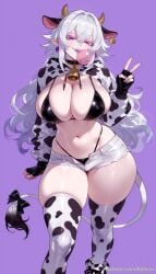 ai_generated animal_ears animal_print balecxi bell black_bikini black_bow black_gloves boosette cow_ears cow_girl cow_horns cow_print cow_tail cowbell earrings female fingerless_gloves highleg highleg_bikini hood large_breasts long_hair looking_at_viewer mario_(series) navel nintendo open_fly pointy_ears purple_background sharp_teeth short_shorts simple_background skindentation solo swimsuit thick_thighs thighhighs v white_hair