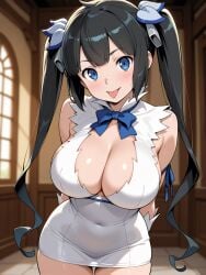 :p ai_generated arms_behind_back bangs bare_shoulders black_hair blue_bow blue_eyes blue_ribbon blunt_bangs blush bow bowtie breasts cleavage cleavage_cutout clothing clothing_cutout covered_navel dress dungeon_ni_deai_wo_motomeru_no_wa_machigatteiru_darou_ka dungeon_ni_deai_wo_motomeru_no_wa_machigatteiru_darou_ka? female female female_only gloves hair_ornament hair_ribbon hestia_(danmachi) indoors large_breasts long_hair looking_at_viewer navel pencil_dress rei_no_himo ribbon short_dress skindentation sleeveless sleeveless_dress smile solo standing thigh_gap thighs tied_hair tongue tongue_out twintails very_long_hair white_dress white_gloves