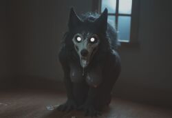 ai_generated anthro anthropomorphic beautiful bedroom big_breasts black_fur black_hair breasts breeding_request cum_dripping_from_mouth cum_in_mouth cum_on_breasts cumshot female fluffy_tail fur furry furry_only impregnation_request in_heat inviting_to_sex looking_at_viewer mal0 scp scp-1471 scp_foundation seductive seductive_look seductive_smile sexy sexy_body sexy_pose tits_out wet_pussy white_eyes wolf wolf_ears wolf_girl wolf_humanoid