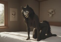 ai_generated anthro anthropomorphic beautiful bedroom big_breasts black_fur black_hair breasts breeding_request female fluffy_tail fur furry furry_only in_heat inviting_to_sex looking_at_viewer mal0 scp scp-1471 scp_foundation seductive seductive_look seductive_smile sexy sexy_body sexy_pose tits_out wet_pussy white_eyes wolf wolf_ears wolf_girl wolf_humanoid