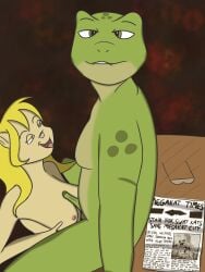 amphibian anthro balls bedroom_eyes bite biting_lip blonde_hair breast_play breasts callie_briggs desk domestic_cat duo eyewear felid feline felis female frog furniture genitals glasses green_body green_eyes hair hand_on_breast hanna-barbera hi_res looking_at_viewer male male/female mammal markings narrowed_eyes news news_article newspaper nintendo nude nude_female nude_male overweight overweight_male penis pink_nose seductive sex sgthareapollo simple_background sitting slippy_toad spots spotted_markings star_fox swat_kats table titjob tongue tongue_out