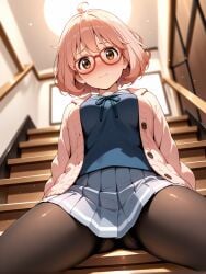 ahoge ai_generated bangs black-framed_eyewear black_clothes black_legwear black_pantyhose black_skirt blue_skirt blush bob_cut breasts brown_eyes cardigan classroom closed_mouth clothing collared_shirt desk eyewear female female female_only glasses indoors jacket kuriyama_mirai kyoukai_no_kanata legwear long_sleeves looking_at_viewer milfhunter228 neck_ribbon open_clothes pantyhose pink_hair pleated_skirt red-framed_eyewear ribbon school_desk school_uniform semi-rimless_eyewear serafuku shirt short_hair sitting skirt solo spread_legs stairs thighs underwear uniform white_shirt window yellow_eyes