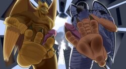 4_toes abs anthro avian barefoot beak biceps bird brown_body brown_fur carpo city claws corvidius_(character) destruction duo erection extreme_size_difference falcon falconid feathered_wings feathers feet fingers fur genitals gryphon humanoid_genitalia humanoid_penis looking_at_viewer looming low-angle_view macro macro_anthro macro_male male muscular muscular_anthro muscular_male mythological_avian mythological_creature mythology nude pawpads paws pecs penile penis peregrine_falcon pyronite(commissioner) size_difference soles soonico stomping stomping_pov tail toe_claws toes white_body wings