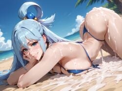 after_sex ai_generated aqua_(konosuba) ass bangs bare_shoulders beach bikini blue_bikini blue_eyes blue_hair blue_sky blush breast_press breasts brokewyt bukkake cloud cum cum_on_ass cum_on_hair day facial female g-string hair_between_eyes hair_bobbles hair_ornament hair_rings head_rest kono_subarashii_sekai_ni_shukufuku_wo! large_breasts lips long_hair looking_at_viewer ocean on_stomach outdoors palm_tree sand sideboob sky smile solo string_bikini swimsuit thighs thong thong_bikini top-down_bottom-up tree uncensored water