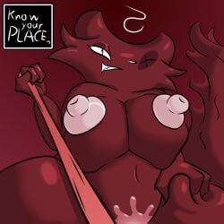 absurd_res anthro areola artificer_(rain_world) big_breasts bodily_fluids breasts duo eyeshadow female first_person_view hi_res iloveslutyshortstax leash makeup male male/female nipples offscreen_sex rain_world red_body shaded slugcat smile smirk smug soft_shading tail text text_box videocult white_areola