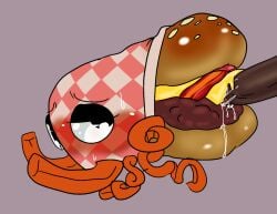 ambiguous_gender asmodite bacon bbq_bunger blush bodily_fluids bugsnak bugsnax bunger buns burger cheese dairy_products duo ejaculation feral food fries genitals half-closed_eyes humanoid_genitalia humanoid_penis male meat narrowed_eyes penis silly simple_background sweat young_horses