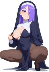 ai_generated breasts clothing duolingo emo emo_girl female female_focus female_only flashing flashing_breasts fully_clothed human human_only light-skinned light_skin lily_(duolingo) looking_at_viewer medium_breasts nun nun's_habit nun_habit nun_outfit one_breast_out one_breast_out_of_clothes purple_fingernails purple_hair showing_breasts slim_waist small_waist solo solo_female solo_focus squatting teasing thin_waist wide_hips