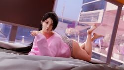1girls 3d 3d_(artwork) 3d_model 3d_render animal_print_clothing asian asian_female ass ass_focus black_hair brown_eyes dead_or_alive feet_up hairband highres laying laying_on_bed long_hair looking_at_viewer momiji_(ninja_gaiden) morning ninja_gaiden on_bed panties pink_sweater ponytail round_ass runevv sweater