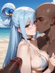 1boy 2boys ai_generated aqua_(konosuba) bangs bare_shoulders beach bikini black_choker blue_bikini blue_eyes blue_hair blue_sky blush breasts brokewyt choker cleavage closed_eyes collarbone dark-skinned_male dark_skin day erection female hair_between_eyes hair_ornament hair_rings interracial kono_subarashii_sekai_ni_shukufuku_wo! large_breasts licking lips long_hair looking_at_viewer multiple_boys o-ring o-ring_bikini ocean outdoors penis sky smile straight sweat swimsuit tongue tongue_out uncensored upper_body veins water