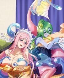 1boy 2girls big_breasts blue_eyes breasts g123 long_hair mermaid mermaid_girl mermaid_tail meroune_lorelei monster_musume_no_iru_nichijou pink_hair slime_girl suu_(monster_musume) treesome