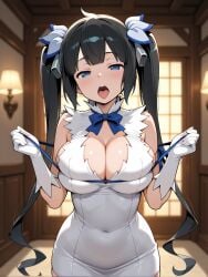 ai_generated bangs bare_shoulders black_hair blue_bow blue_eyes blue_ribbon blush bow bowtie breasts cleavage cleavage_cutout clothing clothing_cutout covered_navel dress dungeon_ni_deai_wo_motomeru_no_wa_machigatteiru_darou_ka dungeon_ni_deai_wo_motomeru_no_wa_machigatteiru_darou_ka? elbow_gloves female female female_only gloves hair_ornament hair_ribbon half-closed_eyes hestia_(danmachi) indoors large_breasts long_hair looking_at_viewer navel open_mouth pencil_dress rei_no_himo ribbon short_dress skindentation sleeveless sleeveless_dress smile solo standing teeth thighs tied_hair tongue tongue_out twintails upper_teeth upper_teeth_only very_long_hair white_dress white_gloves