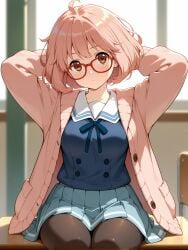 ahoge ai_generated arms_behind_head bangs black-framed_eyewear black_legwear black_pantyhose blazer blue_ribbon blue_shirt blue_skirt blush bob_cut breasts brown_eyes cardigan chair classroom closed_mouth clothing collared_shirt desk eyewear female female female_only glasses indoors jacket kuriyama_mirai kyoukai_no_kanata legwear long_sleeves looking_at_viewer milfhunter228 neck_ribbon open_cardigan open_clothes pantyhose pink_cardigan pink_hair pleated_skirt red-framed_eyewear ribbon sailor_collar school_desk school_uniform semi-rimless_eyewear serafuku shirt short_hair sitting skirt solo sweater uniform white_sailor_collar white_shirt window