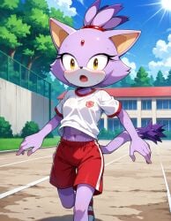 2025 ai_generated belly blaze_the_cat deviantart elryusam high_school high_school_student meta open_mouth running school_uniform schoolgirl_uniform sega shocked shocked_expression shocked_eyes shocked_face shocked_female shocked_look sky_background sonic_the_hedgehog_(series) sun sunlight sunlight_rays tummy wet_body wet_clothes wet_skin yellow_eyes