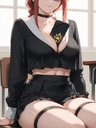 1girl ai_generated bangs between_breasts black-framed_eyewear black_choker black_shirt black_skirt blush braid braided_ponytail breasts brokewyt cellphone chainsaw_man chair choker classroom cleavage closed_mouth collarbone crop_top desk female fishnet_thighhighs fishnets glasses head_out_of_frame indoors large_breasts long_hair long_sleeves looking_at_viewer makima makima_(chainsaw_man) midriff navel phone pleated_skirt red_hair school_chair school_desk school_uniform shirt sidelocks sitting skirt smile solo thighhighs thighs uncensored