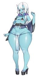 1girls areolae b_o_x bikini_top black_sclera blue_skin box20502017 earrings eyebrows_visible_through_hair female female_only green_eyes hairless_pussy heels hi_res high_heels horns japanese_clothes japanese_mythology loincloth looking_at_viewer navel_piercing oni oni_female oni_horns open_mouth pointy_ears pussy slit_pupils small_breasts smiling smiling_at_viewer solo tagme thick_thighs white_background white_hair wide_hips