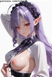 ai_generated black_nails breasts female long_hair looking_at_viewer luka45 medium_breasts mihoyo nipples patreon patreon_reward patreon_url patreon_username pointy_ears purple_eyes red_eyes sideboob simple_background smile smiling smiling_at_viewer very_long_hair vivian_(zenless_zone_zero) white white_shirt zenless_zone_zero