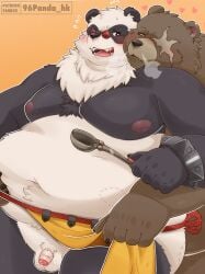2025 96panda absurd_res anthro balls bear belly ben_bigger big_belly bite_mark black_body black_fur brown_body brown_fur duo eyewear flaccid fur genitals giant_panda glasses hi_res hug hugging_another hugging_from_behind kemono male male/male mammal mihoyo moobs navel nipples open_mouth overweight_male penis scar simple_background small_penis white_body white_fur zenless_zone_zero