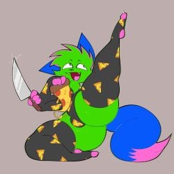 1:1 2025 4_fingers anthro armwear atlashasbignuts black_armwear black_clothing black_legwear black_leotard blue_ears blue_tail bulge cheek_tuft clothing dipstick_tail domestic_cat dont_touch_my_pizza_guy facial_tuft fangs felid feline fingers food food_print fur green_body green_fur hi_res holding_food holding_knife holding_object kevin_(nyanwolf) knife legwear leotard male mammal markings meme nyanwolf open_mouth pizza raised_leg simple_background solo sparklefur tail tail_markings teeth thick_thighs tuft