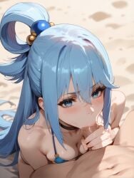 1boy :>= ai_generated aqua_(konosuba) bangs bare_shoulders beach bikini black_choker blue_bikini blue_eyes blue_hair blush breasts brokewyt choker cleavage clothed_female_nude_male collarbone fellatio female hair_between_eyes hair_ornament hair_rings kono_subarashii_sekai_ni_shukufuku_wo! long_hair looking_at_viewer medium_breasts navel oral penis pov saliva solo_focus straight swimsuit uncensored very_long_hair