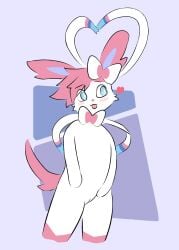 anthro bow_ribbon eeveelution female generation_6_pokemon genitals heart_symbol hi_res nintendo pink_body pokemon pokemon_(species) presenting presenting_vulva solo standing submissive submissive_female sylveon tail vlaxi111 vulva