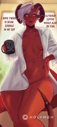 female hips hips_wider_than_shoulders holy_meh holymeh horns melissa_belladonna piersing red_skin shirt_open short_hair tail text thighs tiefling white_hair