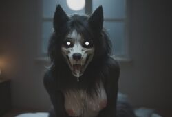 ai_generated anthro anthropomorphic beautiful bedroom big_breasts black_fur black_hair breasts breeding_request cum_dripping_from_mouth cum_in_mouth cum_on_breasts cumshot female fluffy_tail fur furry furry_only impregnation_request in_heat inviting_to_sex looking_at_viewer mal0 scp scp-1471 scp_foundation seductive seductive_look seductive_smile sexy sexy_body sexy_pose tits_out wet_pussy white_eyes wolf wolf_ears wolf_girl wolf_humanoid