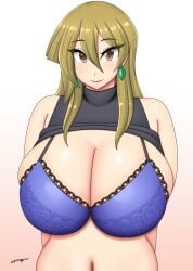 1girls 2024 aged_up alexis_rhodes arms_behind_back big_breasts blonde_hair bra brown_eyes clothes_lift earrings eyelashes female female_only large_breasts long_hair looking_at_viewer mature mature_female milf smiling smiling_at_viewer solo somegu three-quarter_portrait white_background yu-gi-oh! yu-gi-oh!_gx