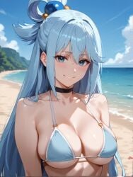 ai_generated aqua_(konosuba) bangs bare_shoulders beach bikini black_choker blue_bikini blue_eyes blue_hair blue_sky blush breasts brokewyt choker cleavage cloud collarbone day female grin hair_between_eyes hair_ornament hair_rings halterneck kono_subarashii_sekai_ni_shukufuku_wo! large_breasts long_hair looking_at_viewer o-ring ocean outdoors parted_lips sand skindentation sky smile solo swimsuit uncensored upper_body water