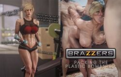 1girls 2boys abs blonde_hair brazzers breast_implants currysfm dialogue english_text fake_breasts female female_focus gym instant_loss instant_loss_2koma male maledom muscular muscular_female porn_star rainbow_six_siege solo_focus spitroast sports_bra straight tattoos valkyrie_(rainbow_six)