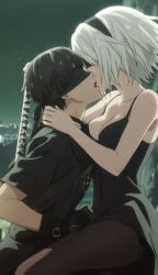 1boy 1girls ai_generated black_blindfold black_gloves black_hair black_hairband black_t-shirt blindfold bob_cut breasts cleavage echoanomaly female fully_clothed gloves kissing light-skinned_female light-skinned_male light_skin male nier nier:_automata romantic short_hair slim_waist solo_female solo_male sword sword_on_back t-shirt tagme video virtuous_contract white_hair yorha_2b yorha_4s