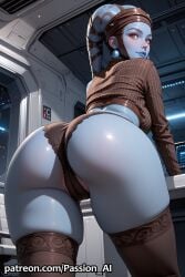 aayla_secura ai_generated ass ass_focus bent_over big_ass blue_skin bottom_view cameltoe female from_below huge_hips jedi panties standing star_wars star_wars:_the_clone_wars stockings