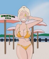 adulting beach big_breasts bikini bikini_bottom bikini_top blonde_female blonde_hair brainwashing breasts glowing glowing_clothes glowing_clothing glowing_eyes gold_(metal) gold_bikini golden_eyes golden_week hypnosis izzy_king large_breasts mind_control pinup ponytail short_hair smile smiling smiling_at_viewer solo solo_female solo_focus temperancedraws umbrella v_sign wink winking winking_at_viewer yellow_eyes