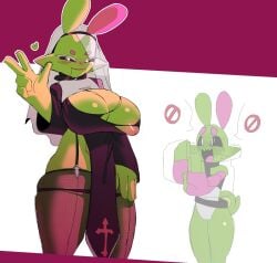 alien alien_girl alien_humanoid big_breasts blush blush boob_window breasts breasts breasts breasts_out christian_cross ear fozuna habit half-closed_eyes heart huge_breasts long_ears looking_at_viewer nipples nun nun's_habit nun_habit nun_outfit open_mouth peace_sign ripped_clothing robe seductive_look showing_breasts sploot_(unknownspy) straps thick_thighs wide_hips