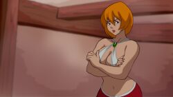 bikini black_eyes breasts cg cleavage closed_mouth crossed_arms discreenvision female hilda_(if_you_do) if_you_do indoors inusen jewelry large_breasts navel official_art orange_hair short_hair solo swimsuit