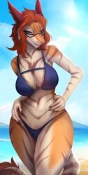 2022 anthro beach bikini breasts clothing cloud eyewear female fur furry glasses hand_on_hip hi_res looking_at_viewer orange_hair outside sea seaside sergal sky solo standing striped_body striped_fur stripes swimwear tail tyn_(tyn-) veliren_rey water