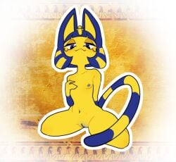 animal_crossing ankha_(animal_crossing) anthro areola blue_areola blue_body blue_eyes blue_fur blue_hair blue_nipples clothing domestic_cat egyptian egyptian_clothing egyptian_headdress eyelashes felid feline felis female flat_chested front_view fur genitals hair hi_res kneeling looking_at_viewer mammal markings navel nintendo nipples nude pussy safaia short_hair smile solo striped_markings striped_tail stripes tail tail_markings thick_thighs wide_hips yellow_body yellow_fur