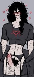 balls bedroom_eyes black_hair blush blush_lines blushing_at_viewer bushy_pubes drool erection exposed_penis fangs feminine_male garter_belt girly grey_background heart-shaped_pupils hearts_around_head horny horny_expression horny_face horny_male john_doe_(character) john_doe_(game) john_doe_(john_doe) large_penis lingerie looking_at_viewer messy_hair open_mouth pale-skinned_male pale_skin penis penis_blush pubic_hair purpleverse red_highlights solo solo_focus solo_male standing staring_at_viewer sweat sweatdrop sweating testicles utashi01