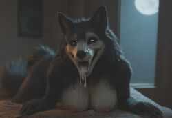 ai_generated anthro anthropomorphic beautiful bedroom big_breasts black_fur black_hair breasts breeding_request cum_dripping_from_mouth cum_in_mouth cum_on_breasts cumshot female fluffy_tail fur furry furry_only impregnation_request in_heat inviting_to_sex looking_at_viewer mal0 scp scp-1471 scp_foundation seductive seductive_look seductive_smile sexy sexy_body sexy_pose tits_out wet_pussy white_eyes wolf wolf_ears wolf_girl wolf_humanoid